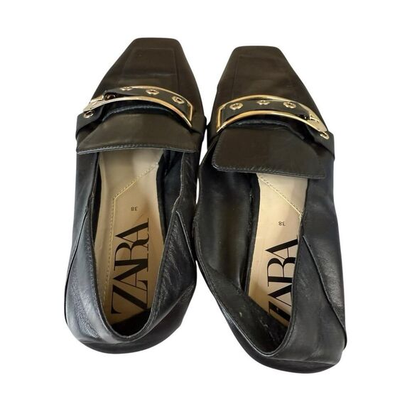 Zara Black Leather Loafers Gold Metal Buckle Square Toe Shoes Size 7.5 US - Picture 9 of 11
